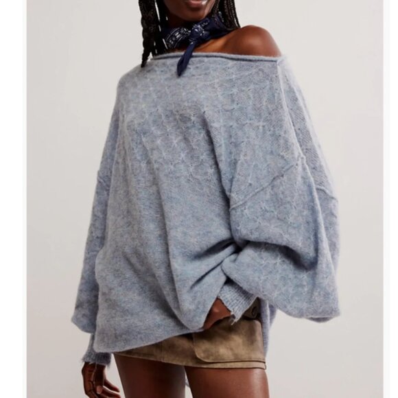 Free People Bali Samara One-Shoulder Sweater Celeste Alpaca Blend Tunic Blue - Picture 11 of 11